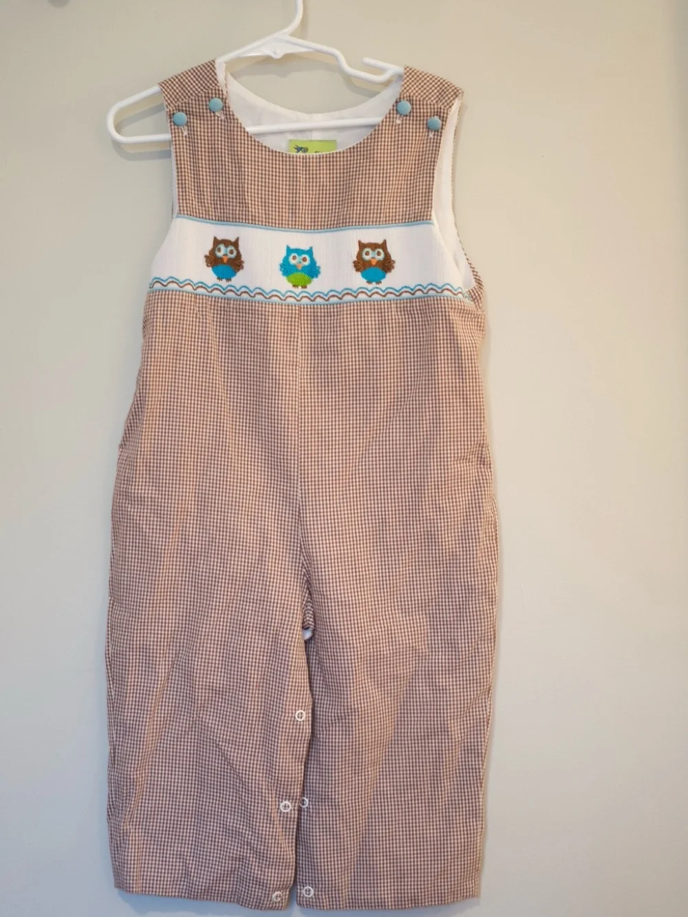 Classic Brown Gingham Kids Overalls with Owl Smock